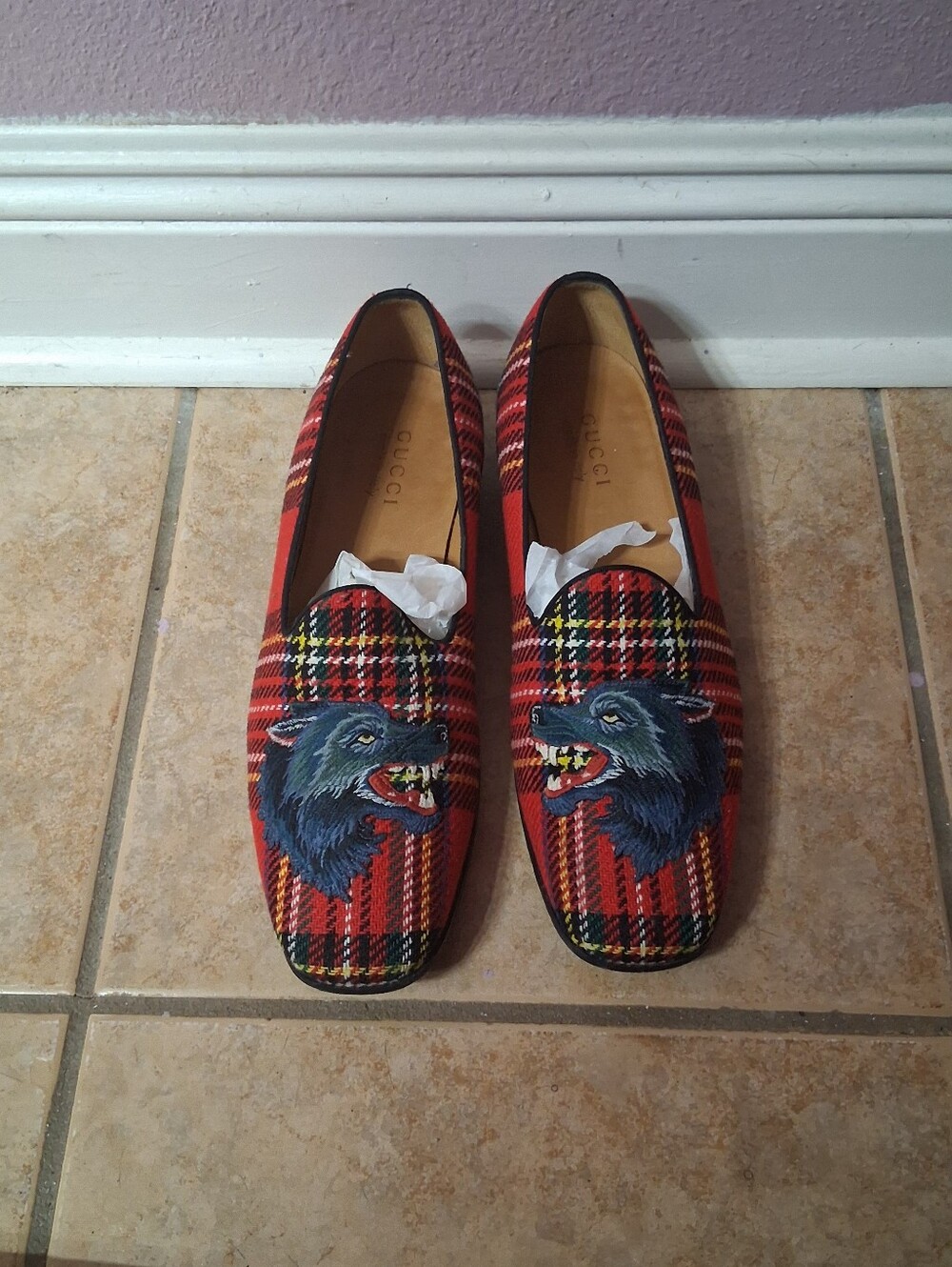Gucci Red Tartan Plaid Loafers with Embroidered Wolf Motif - Men